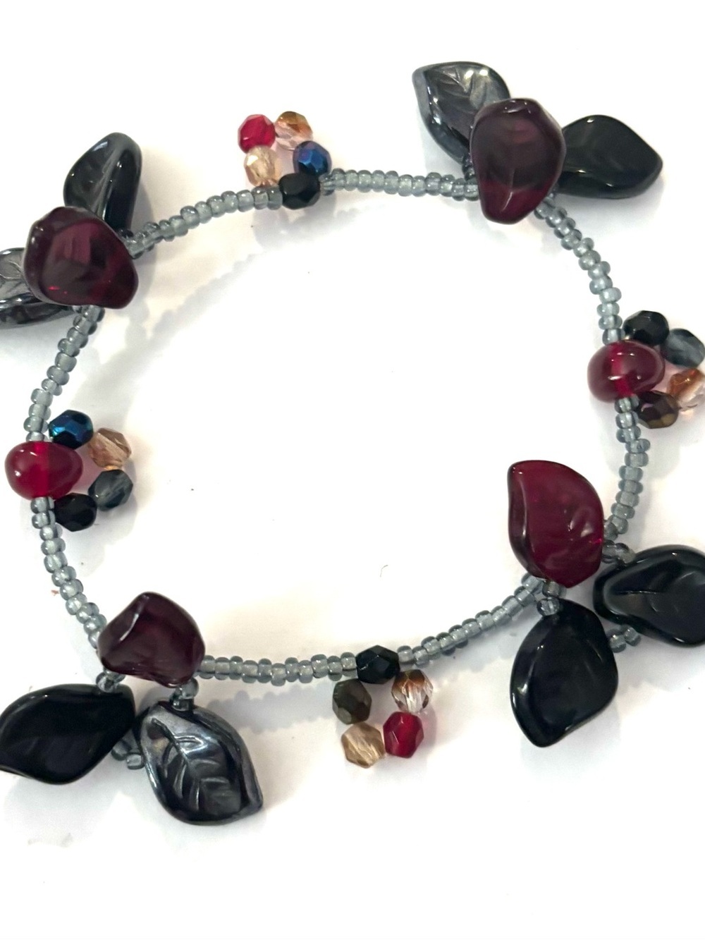 Handcrafted Red and Black Beaded Leaf Bracelet
